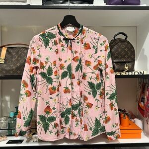 SOLD- Gucci Pink Silk Strawberry Floral Blouse